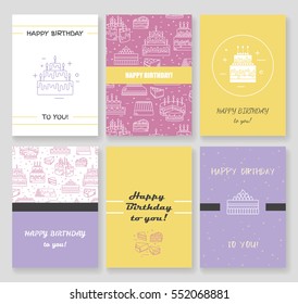 Happy birthday card template. Cake with candle vector icon line background. Sweet dessert illustration. Wedding party invitation celebration food silhouette. Bakery cafe restaurant design menu.