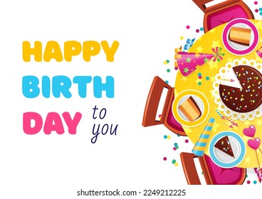 Happy Birthday card template. Cartoon illustration of party table with cake and decorations isolated on a white background. Vector 10 EPS.