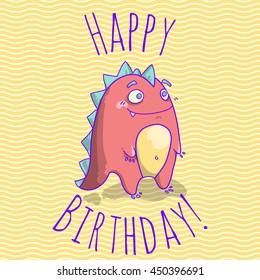 Happy Birthday card template for children with funny dinosaur character. Happy Birthday card template. Vector eps 10 format.
