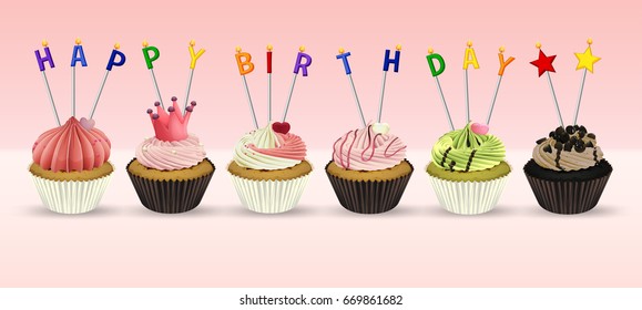 Happy Birthday card template with cupcakes illustration