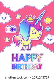 Happy Birthday Card Template with Cute Magic Unicorn. Lovely Dream Design. Vector illustration