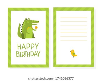 Happy Birthday Card Template with Cute Crocodile, Childish Holiday Invitation Cartoon Vector Illustration