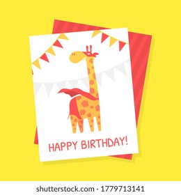 Happy Birthday Card Template with Cute Giraffe Superhero Animal in Red Cape and Mask Cartoon Vector Illustration