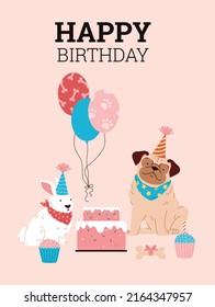 Happy birthday card template with cute funny dogs characters, flat cartoon vector illustration. Pets birthday party or greeting postcard design mockup.