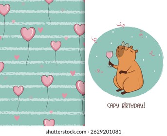 Happy Birthday card template with cute capybara. Vector celebration illustration