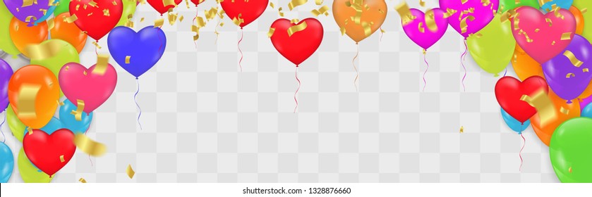 Happy Birthday card template with foil confetti and balloons Party decorations for birthday, anniversary, celebration.
