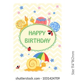 Happy Birthday card template with funny snails in caps. vector illustration.