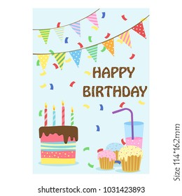 Happy Birthday card template with garlands, cupcakes and drinks. vector illustration.