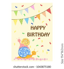 Happy Birthday card template with garlands and happy snails.  vector illustration.