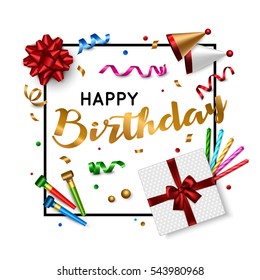 Happy Birthday card template with gift box, candle, confetti. Holiday background. Top view
