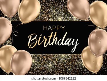 Happy Birthday Card Template With Golden Foil Confetti And Balloons