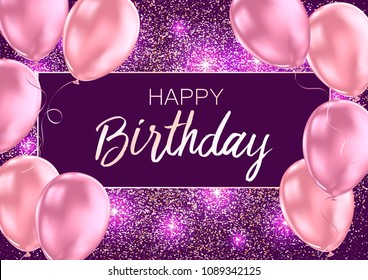 Happy Birthday card template with golden foil confetti and balloons