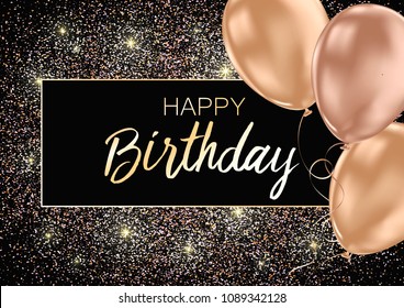 Happy Birthday card template with golden foil confetti and balloons