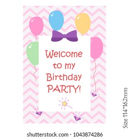 Happy Birthday card template, birthday invitation for kids invitation with balloons. vector illustration.