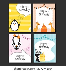 Happy Birthday Card Template Layout With Cartoon Animals In Four Color Options.