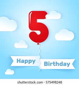 Happy Birthday card template with number balloon. 5 years. Vector illustration