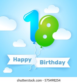 Happy Birthday card template with number balloon. 18 years. Vector illustration