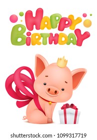 Happy Birthday card template with pig cartoon character. Vector illustration