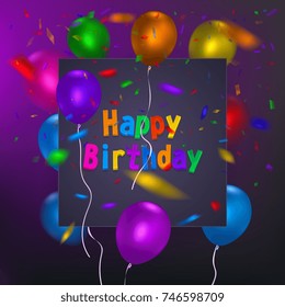 Happy Birthday card template with a purple background and colorful balloons. Vector eps 10 illustration