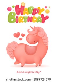 Happy Birthday card template with unicorn cartoon character. Vector illustration