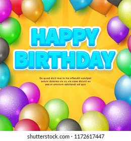 Happy Birthday card template. Vector realistic balloons and birthday text illustration
