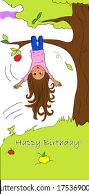 Plantilla de tarjeta de "Feliz Cumpleaños". Vector. Una niña pequeña cuelga de arriba abajo de un árbol