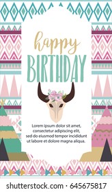 Happy birthday card template with wreath,feather and arrow in boho style. Vector illustration