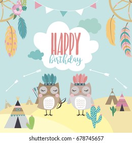 Happy birthday card template with wreath,feather and arrow in boho style. Vector illustration