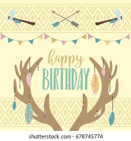 Happy birthday card template with wreath,feather and arrow in boho style. Vector illustration