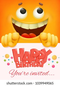 Happy birthday card template with yellow smiley face emoticon background. Vector illustration