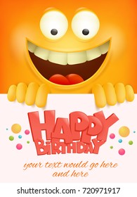 Happy birthday card template with yellow smiley face emoticon background. Vector illustration