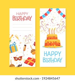 Happy Birthday Card Templates Set, Celebration Event Invitation Card with Holiday Symbols Cartoon Vector Illustration