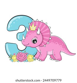 HAPPY birthday card for third birthday with dino. Vector illustration.