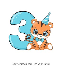 HAPPY birthday card for third birthday with tiger. Vector illustration.