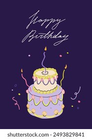 Happy Birthday Card mit Stufenkuchen und geschwungenen Kerzen. Grußkarte mit handschriftlicher Typografie. Elegante und trendige Vektorillustration Vorlagen im schlichten Stil