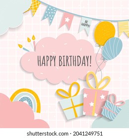 Happy birthday card for toddler, girl or boy in paper cut style with balloons, gifts, rainbow, candles and clouds. Vector illustration