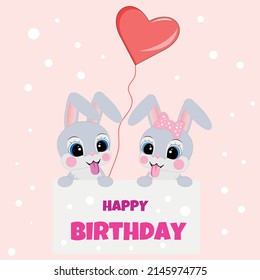 Happy birthday card with two cartoon hares and a heart-shaped balloon