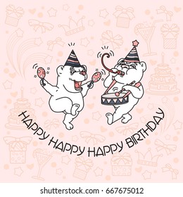 Happy Birthday card with two cute bears. Vector illustration.