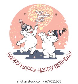 Happy Birthday card with two cute bears in party hats. Vector illustration.