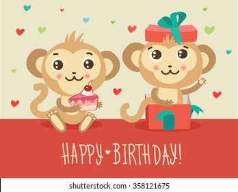 Happy Birthday Card Two Funny Monkey Stock Vector (Royalty Free ...