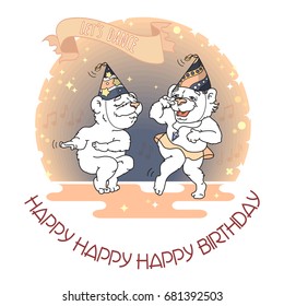 Happy Birthday card. Two funny bears in party hats are dancing. Words on ribbon  Let's dance. Vector illustration. Cute animals cartoon character.