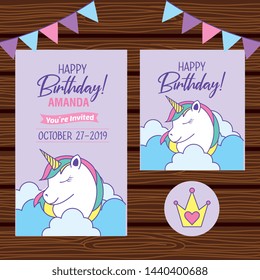 happy birthday card with unicorn between clouds with sticker on wooden texture vector illustration