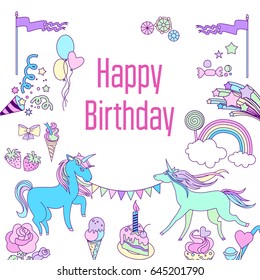 Happy birthday card with unicorn, cake, ballons, flower and strawberry