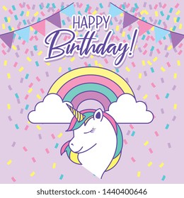 happy birthday card with unicorn on rainbow with clouds between streamers and pennants vector illustration