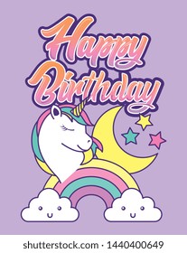 happy birthday card with unicorn and rainbow with clouds and moon with stars vector illustration