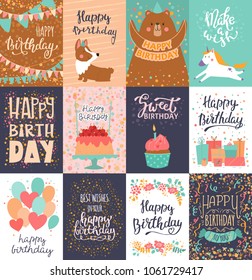 Happy birthday card vector anniversary greeting postcard with lettering and kids birth party invitation with cake or gifts illustration set of childs postal cards for typography