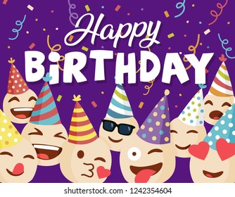 Happy Birthday card, vector design with smileys wearing party cap and confetti. Flat style emoji.
