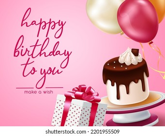 Happy birthday card vector design. Happy birthday typography text with cake, gift and balloon party element in pink background for party celebration. Vector illustration.
