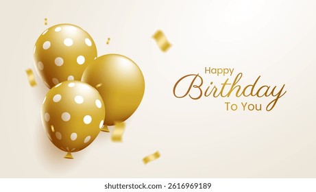 happy birthday card vector design with three golden balloons and confetti.suitable foe greeting card, banner or social media post