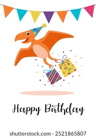 happy birthday card vector, flying dinosaur celebration. Perfect for birthday invitations, party decorations, greeting cards, and social media posts. Festive and fun image.